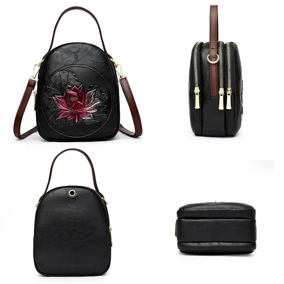 Cyflymder  Luxury 3-Layer Pockets PU Leather Women's Leisure Shoulder Bag and Purses Fashionable Lotus Pattern Crossbody Bag Ladies Sac