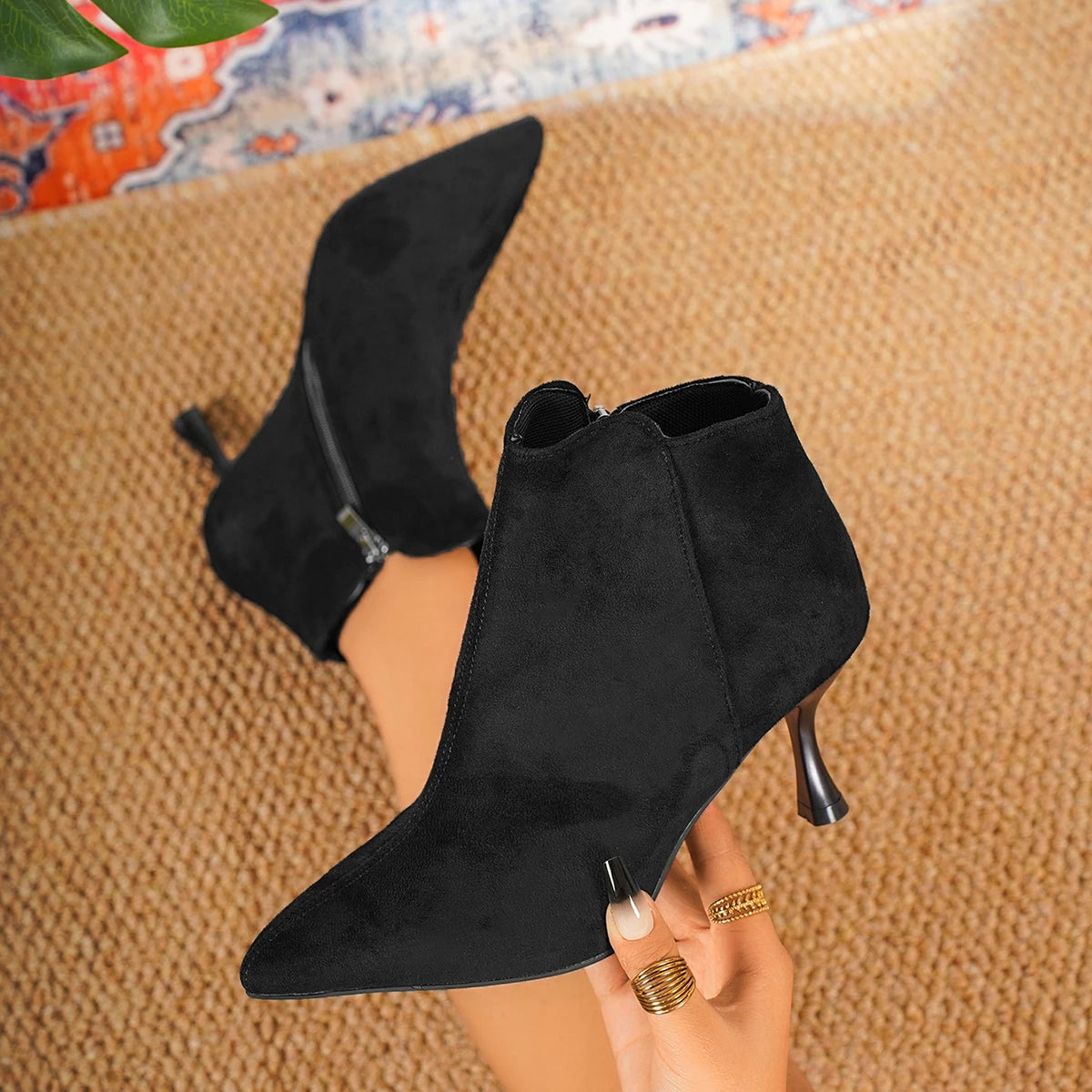 Cyflymder  Women Ankle Boots Suede Pointed Toe Shoes High Heels Pumps Zip Women's Short Boots Elegant Autumn Mujer Botas Shoe