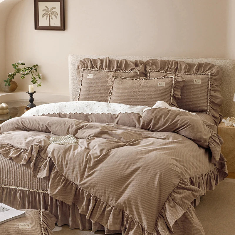 Cyflymder  100% Cotton yarn-dyed Plaid Washed Cotton Ruffles Korean Princess Bedding Set Duvet Cover Quilted Bedspread Pillowcases 4Pcs