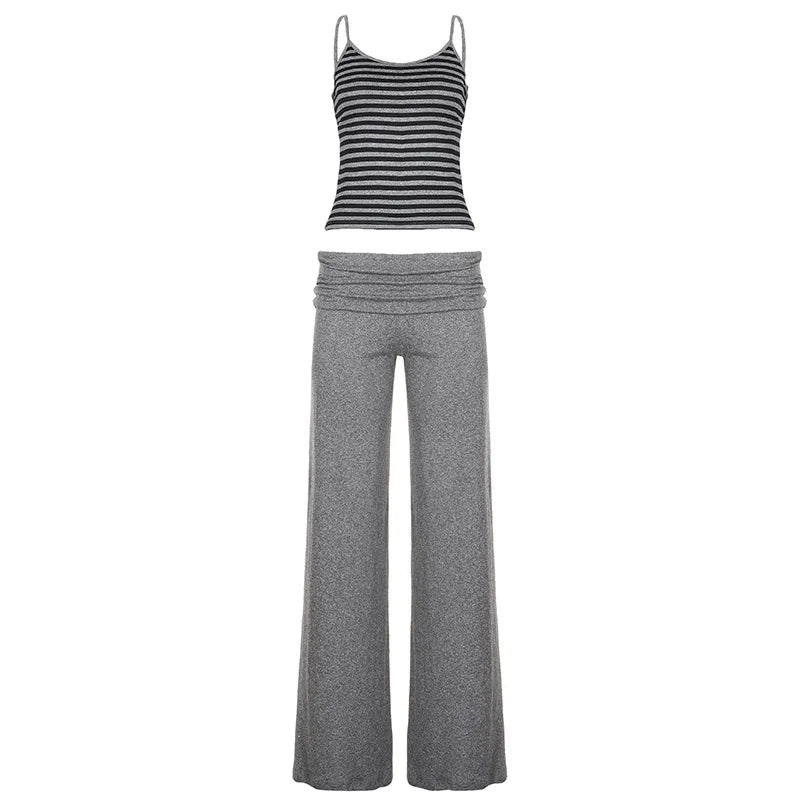 Cyflymder   Summer Women Two Piece Set Harajuku Stripe Casual Tank Top + Solid Low-waistline Pleated Pants Y2k Aesthetic Vintage Grunge Suit