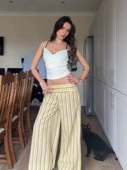 Cyflymder  Women's New Retro High Waist Striped Straight-leg Stylish Loose Flare Trousers Female Daily Dating Beach Streetwear Trousers