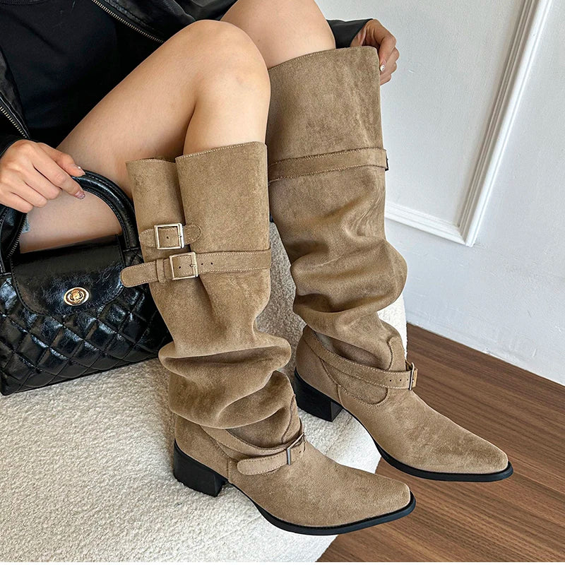 Cyflymder  Autumn Winter Pleated Women Knee High Boots Vintage Square Low Heels Shoes Female Belt Buckle Long Booties