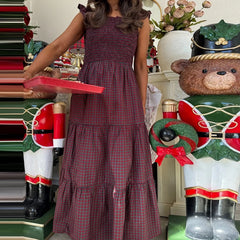 Cyflymder  Shirred Elastic A-line Dresses Cottage Vintage Plaid Maxi Dress Women Ruffles Sleeveless Sqaure Collar Flowy Long Dress