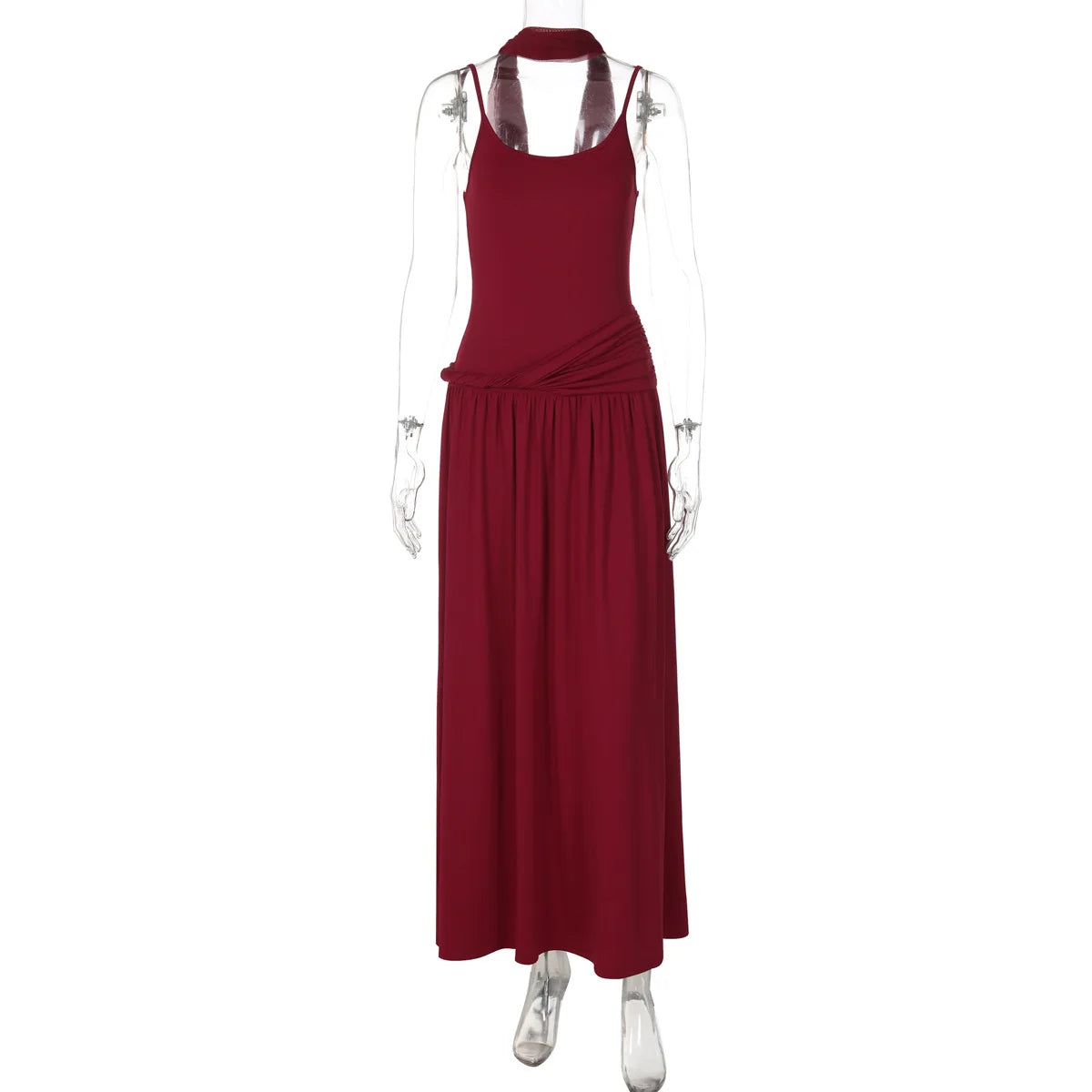 Cyflymder  Elegant French Chic Slip Dress Women Sexy Solid Sleeveless Backless Slim Twist Ruched A Line Maxi Dress for Holiday Party