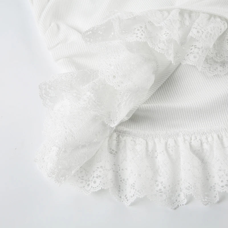 Cyflymder  Casual Lace Trim Folds T Shirt With Scarf Sweet Slim Solid Square Collar Short Sleeve Tees Women 2025 Summer Fashion