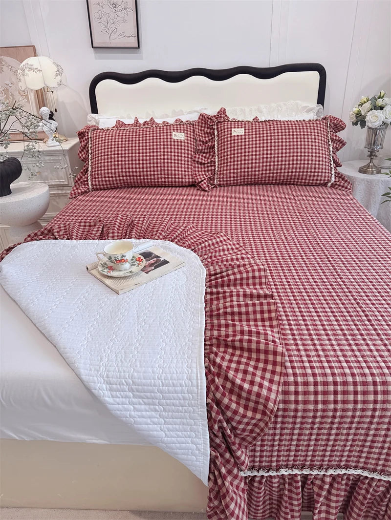 Cyflymder  100% Cotton yarn-dyed Plaid Washed Cotton Ruffles Korean Princess Bedding Set Duvet Cover Quilted Bedspread Pillowcases 4Pcs