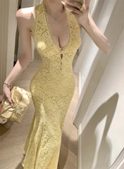Cyflymder  Sexy Dresses Women Sleeveless Halter Backless Lace Patchwork Slim Stretch Hollow Out Backless Elegant Mermaid Dress Party