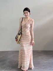 Cyflymder  Pink Smudge Dress Women's Summer New V-neck Flying Sleeves Straps Waist Temperament Dress