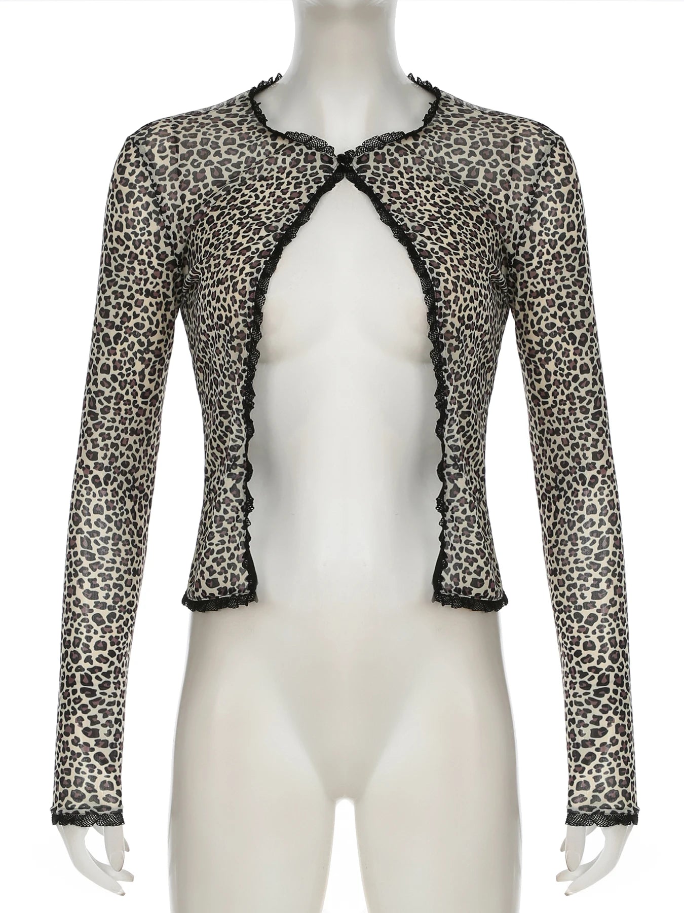 Cyflymder  See Through Leopard Printed Mesh T Shirt Cardigans Sexy Slim Lace Trim O-Neck Long Sleeve Split Tees Women 2025 Summer