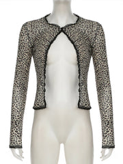 Cyflymder  See Through Leopard Printed Mesh T Shirt Cardigans Sexy Slim Lace Trim O-Neck Long Sleeve Split Tees Women 2025 Summer