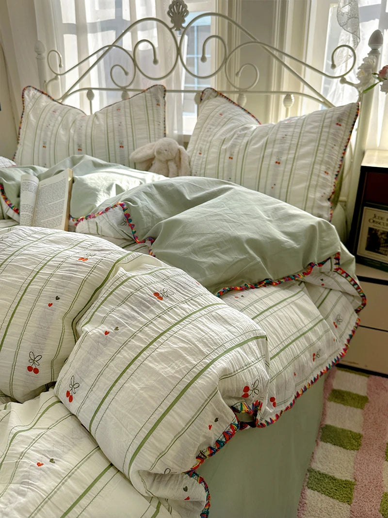 Cyflymder  100% Cotton Yarn-dyed Jacquard Floral Bedding Set Single Queen King Size Duvet Cover Bed Sheet/Fitted Sheet Pillowcases 3/4Pcs