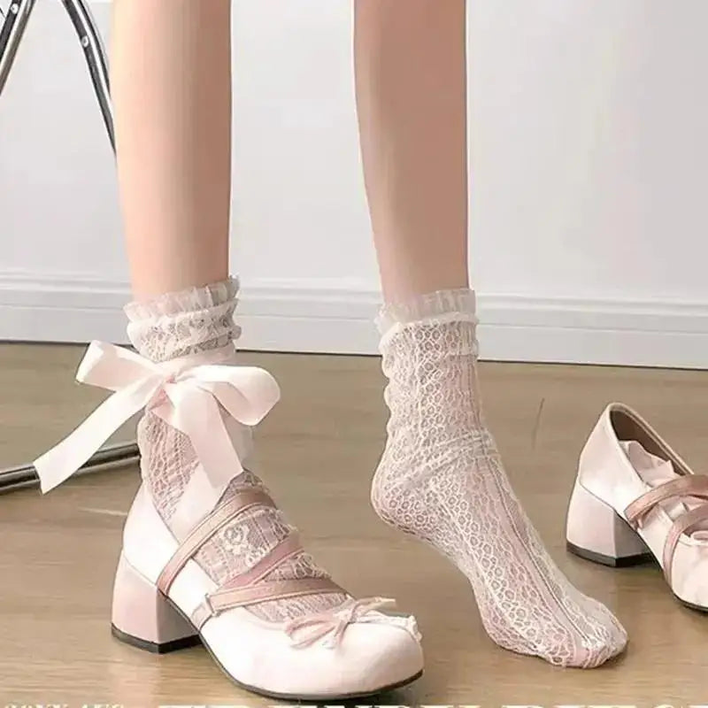 Cyflymder  Lolita Cross Strap Pink Round Toe Shoes Ladies Sweet Butterfly Knot Med Heels Mary Janes Shoes Women Fashion Party Shoes Mujer