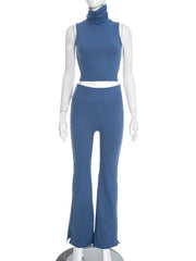 Cyflymder  Solid Color Turtleneck Sleeveless Crop Top and High Waist Slim Long Pants 2 Piece Set for Women Casual Sporty Daily Outfit