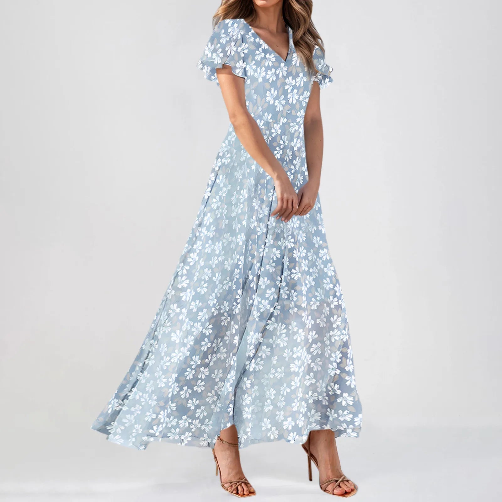 Cyflymder  Women V-neck Ruffle Short Sleeve Maxi Dress Waist Tight High-waist Hem Sweet Floral Print Elegant Dress Female Clothing Vestidos