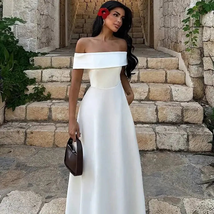 Cyflymder  Classic Sexy Slash Neck Dress Women Elegant Solid Simple Office Birthday Evening Cocktail Party Stretchy Maxi Bodycon