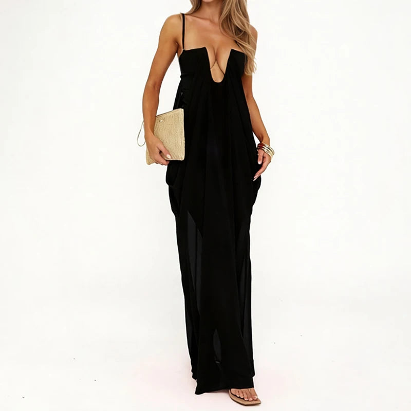 Cyflymder   Summer Hollow Backless Cocktail Dress Women Fashion Sleeveless Music Festival Dresses Sexy Strapless See Through Mesh Long Dress