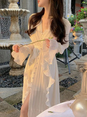 Cyflymder  Pure Color French Elegant Dress Woman Long Sleeve Fairy Midi Dress Casual Summer Slim Party One Piece Dress Korean Design