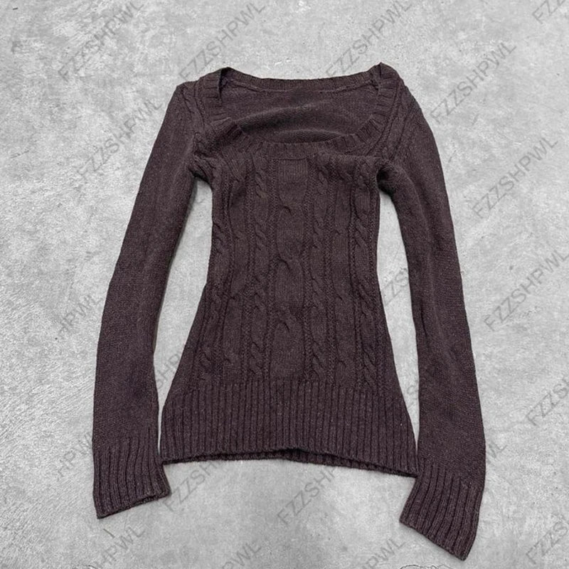 Cyflymder  Women Y2K Square Neck Cable Knit Sweater Slim Long Sleeve Bodycon Vintage Low Cut Knit Top Autumn Streetwear