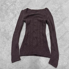 Cyflymder  Women Y2K Square Neck Cable Knit Sweater Slim Long Sleeve Bodycon Vintage Low Cut Knit Top Autumn Streetwear