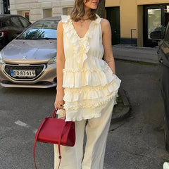 Cyflymder  Elegant Layered Ruffle Dress Women 2025 New Summer Loose Sexy V-neck Sleeveless A-line Mini Dresses Vacation Party Evening Dress