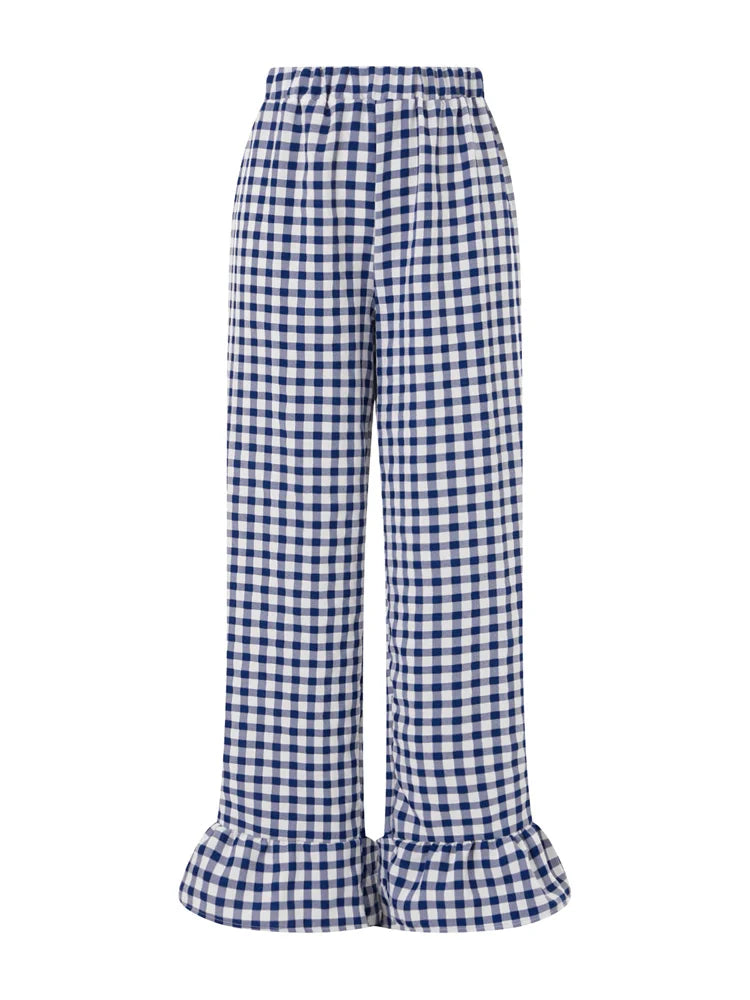 Cyflymder  Fashion Womens Plaid Print Pants Ruffles Legs Gingham Wide Leg Loose Casual Pull On Trousers Y2K Retro Chic Going Out Pants