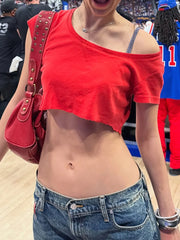 Cyflymder  Summer Basic Loose Cropped Top Women Solid Short Sleeve Asymmetric Tee Shirts Streetwear y2k Basic T-shirts Vintage 90s