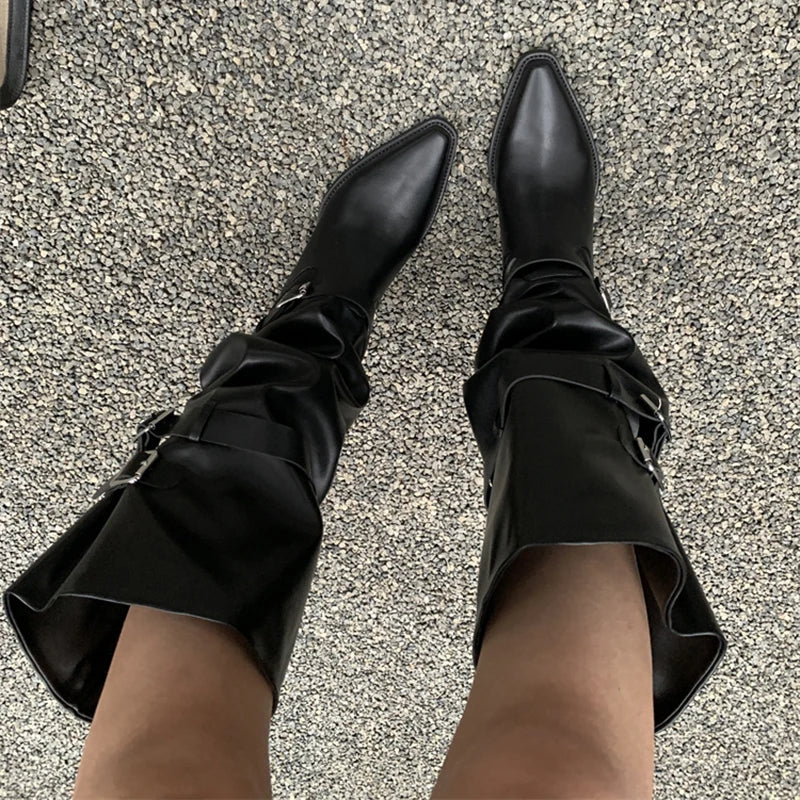 Cyflymder  Autumn Vintage Thick Heel Women Knight Boots Fashion Belt Buckle Shoes Ladies Elegant Pointed Toe Mordern Knee High Booties