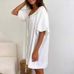 Cyflymder  Pure Cotton Spring and Summer New White Comfortable Breathable Loose Lace-up Nightdress Loungewear Women