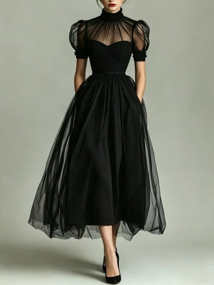 Cyflymder  Elegant Black Tulle Prom Dress for Women High Neck Sheer Puff Sleeve A Line Slim Midi Dress Formal Cocktail Party Evening Gown