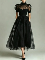 Cyflymder  Elegant Black Tulle Prom Dress for Women High Neck Sheer Puff Sleeve A Line Slim Midi Dress Formal Cocktail Party Evening Gown