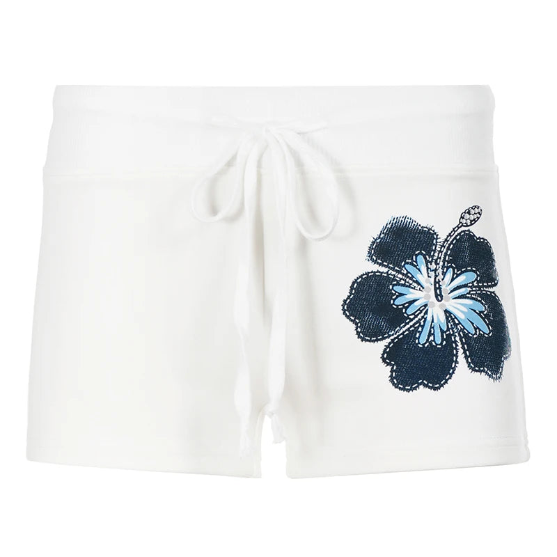 Cyflymder   Casual Floral Printed White Micro Shorts Summer Drawstring Waist All Match Mini Bottoms Summer Homewear Knitted Shorts