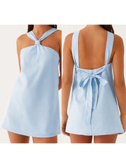 Cyflymder  Elegant Floral Print Halter Neck Backless Dress Women s Summer Sleeveless Casual Mini Dress Solid Color Fashion
