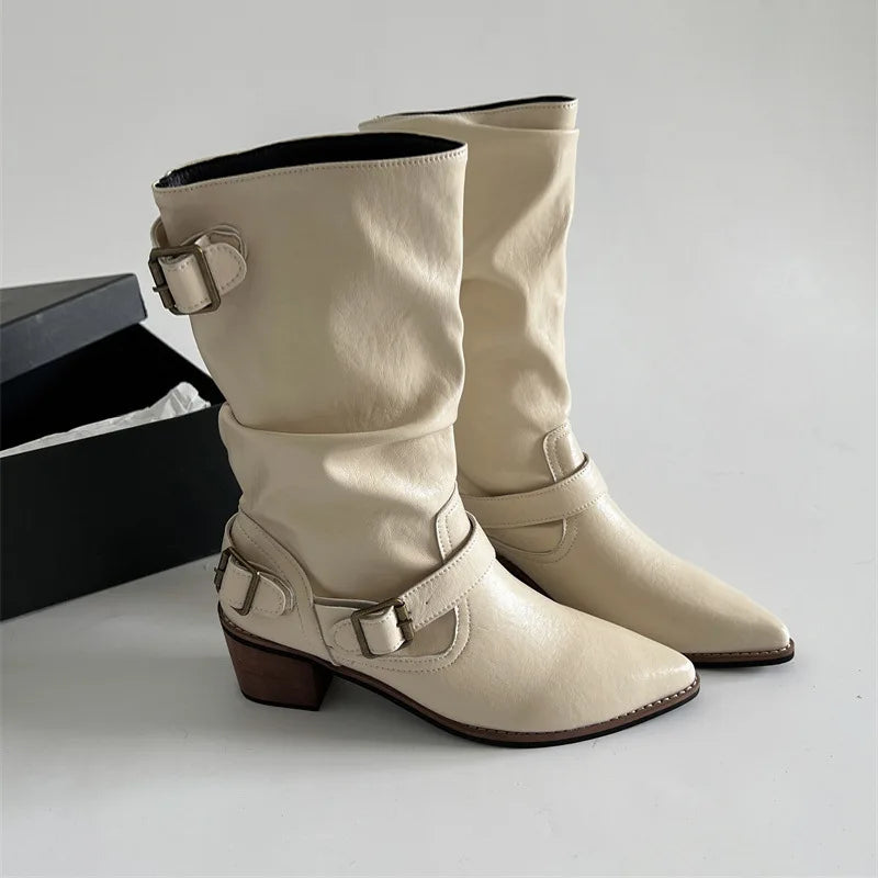 Cyflymder  Autumn Winter Women Western Cowboy Boots Vintage Slip On Thick Heel Shoes Ladies Mid Calf Botas Zapatos De Mujer