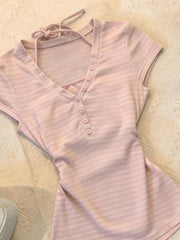 American Spice Girl Y2k Striped Strap Sling Tops Women New Design Vintage Fashion Slim T-shirt Aesthetic Retro Lovely Clothing