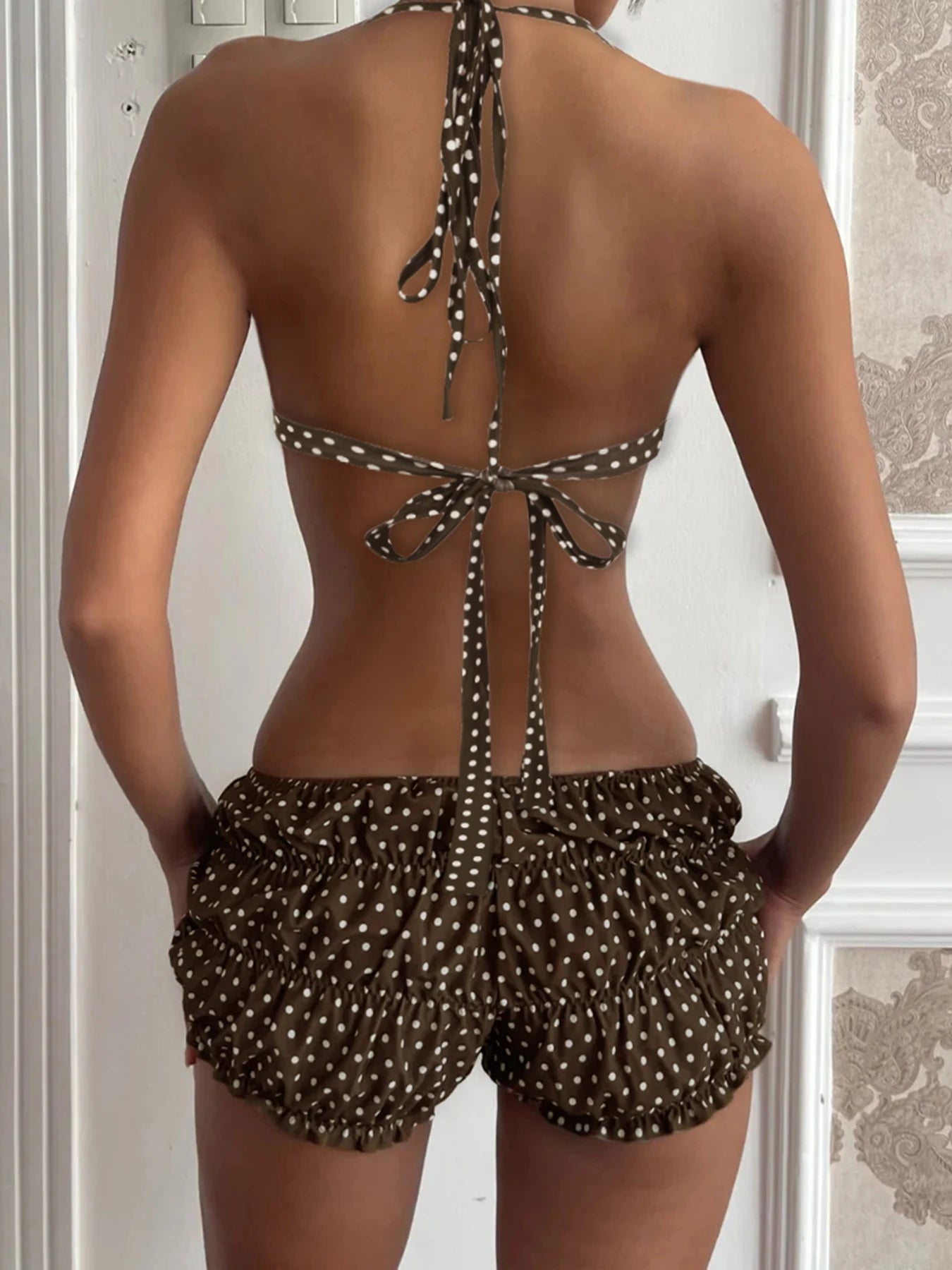 Cyflymder  Holiday Sexy Dot Printed Shorts Sets Beach Style Slim 2 Piece Sets Slash Neck Sleeveless Halter Tops Low-Waisted Shorts