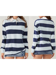 Cyflymder  Women T-shirt Long Sleeve Turn-down Collar Ladies Fall Casual Striped Top Streetwear