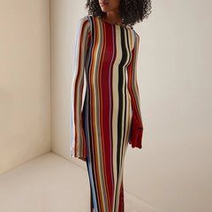 Cyflymder  Long Sleeve Women's Casual Long Dress Elegant Hight Waist Slim Fit Party Dresses Fashion Crew Neck Striped Printed Holiday Dress