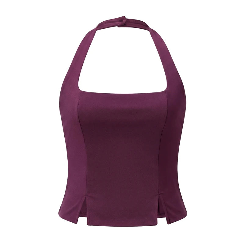 Cyflymder  Women's Square Neck Halter Tank Top Coquette Backless Slit Hem  Basic Camisoles Y2K Summer Sleeveless Crop Top Vest
