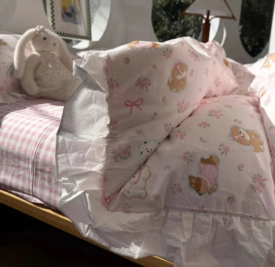 Cyflymder  Romantic sweet pink dog flower plaid bedding set,twin full queen lovely floral cotton home textile sheet pillow case quilt cover
