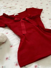 Cyflymder  New Sweet Red Niche Bow Lace Tops Women Korean Fashion Kawaii Short Sleeved T-shirt Women Waist Slim Y2k Clothing  Spring