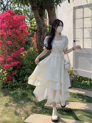 Cyflymder  Woman Dress Square Collar Puff Short Sleeve Ruffles Lace Bandage Flowers Spring Summer Sweet Elegant Dresses Princess