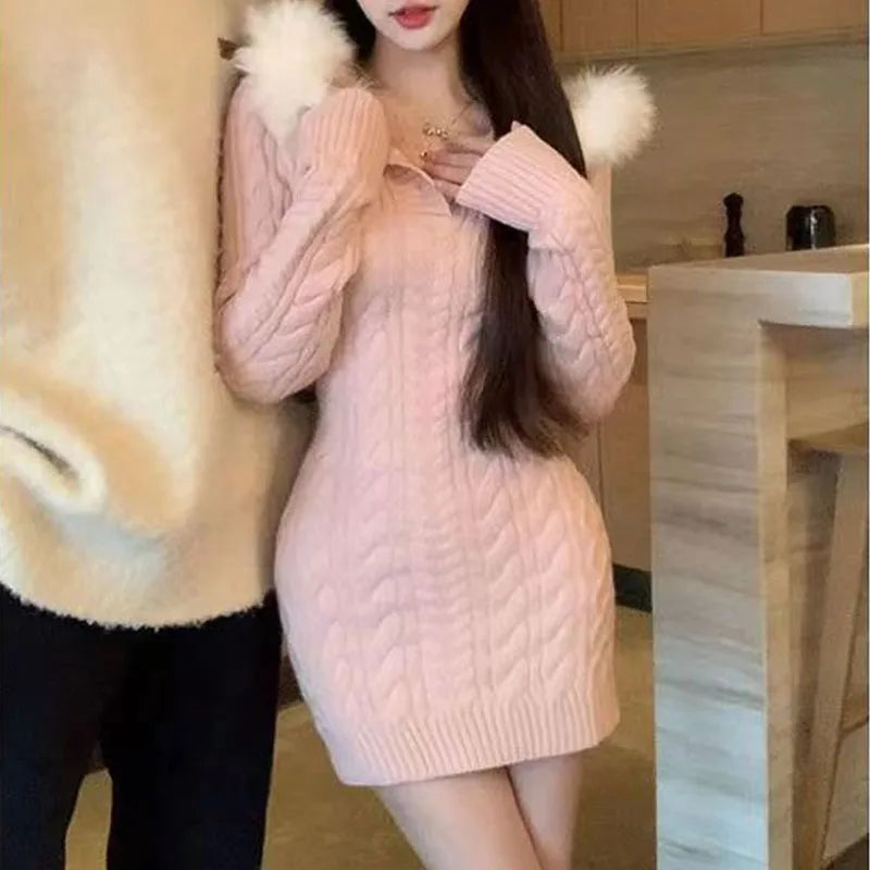 Cyflymder Autumn Winter Elegant Women Sweater Christmas Red Slim Fur Patchwork Hooded Knitted Dress Female Korean Knitwear Hoodie Tops