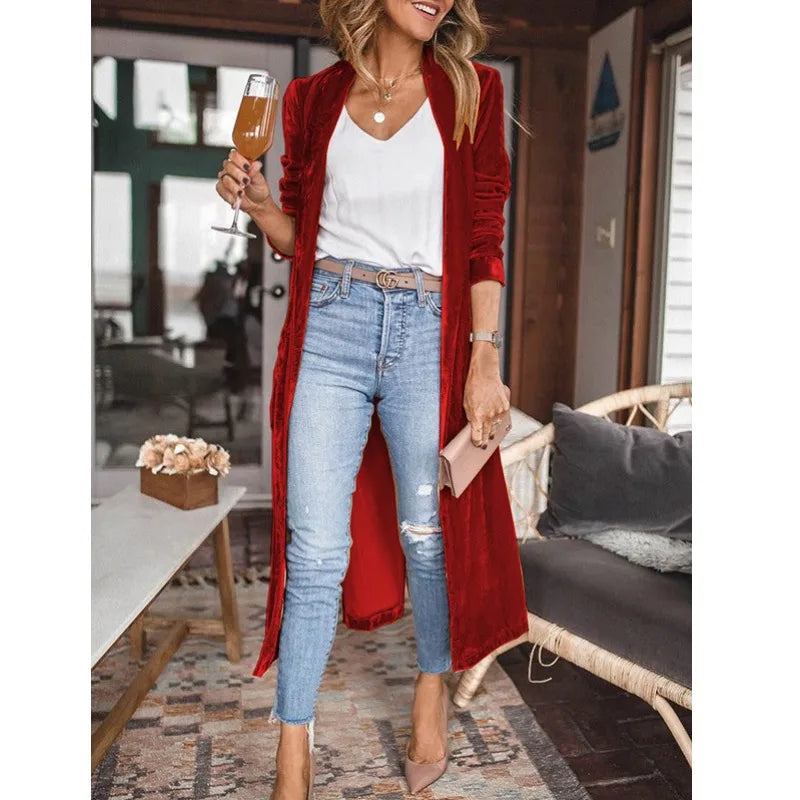 Cyflymder  Spring Autumn New Faion Loose Velvet Elastic Mid-Length Open Cardigan Coat Women's Versatile Straight Tube Polyester Fiber