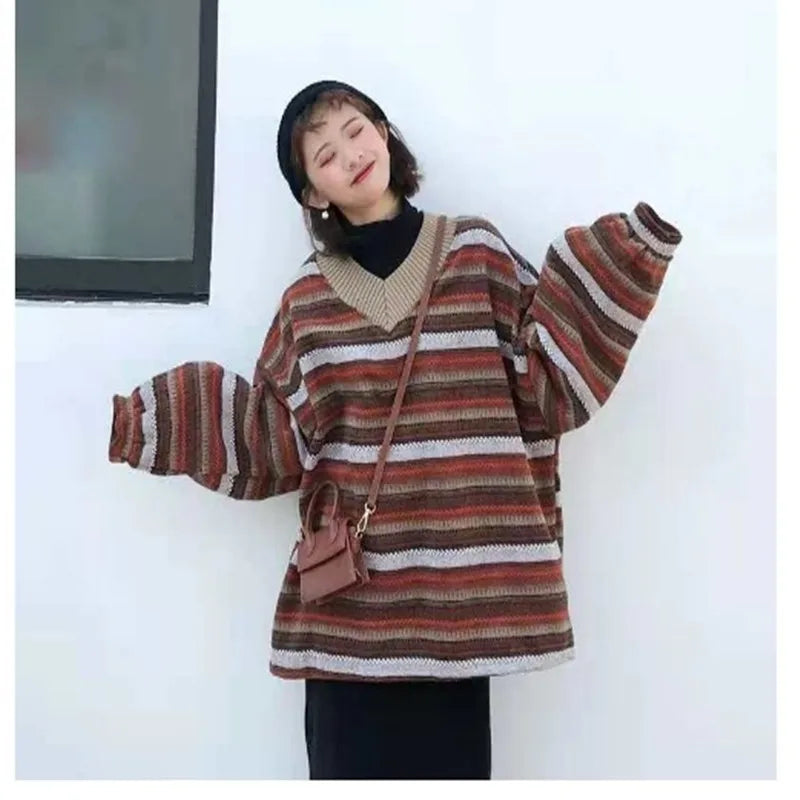 Cyflymder Women Vintage Striped Sweaters Autumn Winter Casual Oversize Long Sleeve Knitted Sweater Unisex Couples Hip Hop Pullovers Tops