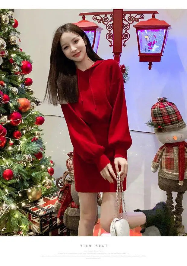 Cyflymder  Red Chinese New Year Knitted Hoodie Dress Women Slim Bodycon Short Mini Dress