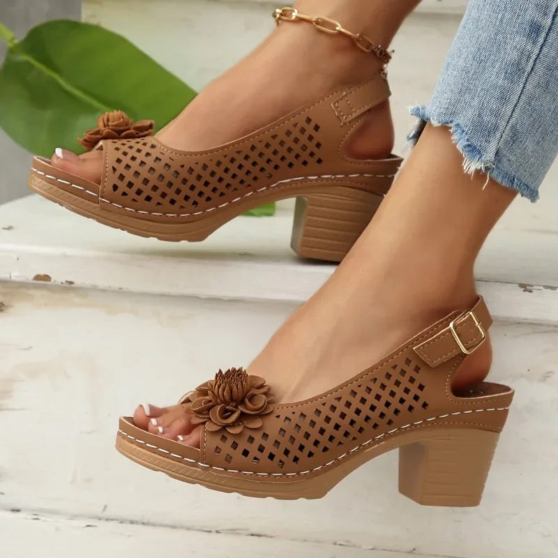 Cyflymder  Summer Fashionable Floral Thick High Heels Sandals for Women Strap Hollow Large Size Women's Shoes Platform Sliding Sandals