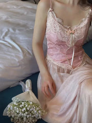 Cyflymder  Retro French Style Pink Dress For Slim Lady Summer Jacquard Lace Spaghttti Strap Sexy Long Dresses Party Night Robe Rose Vestido