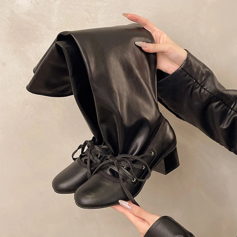 Cyflymder  Designer Thick Heel Women Knee High Boots Fashion Ladies Lace Up Knight Long Booties botas de inverno feminina