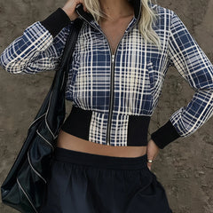 Cyflymder  Women Plaid Cropped Zip Up Knitted Hooded Jacket Long Sleeve Stand Collar Color Block Ribbed Hem Y2K Casual Short Outerwear