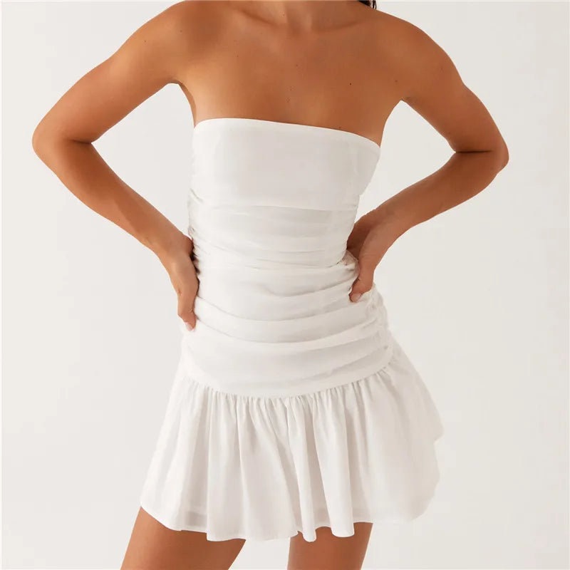 Cyflymder  Fashion Women's Ruched Tube Top Dress Vintage Holiday Strapless Sleeveless Slim Fit Flare Dress Summer Clubbing Dress